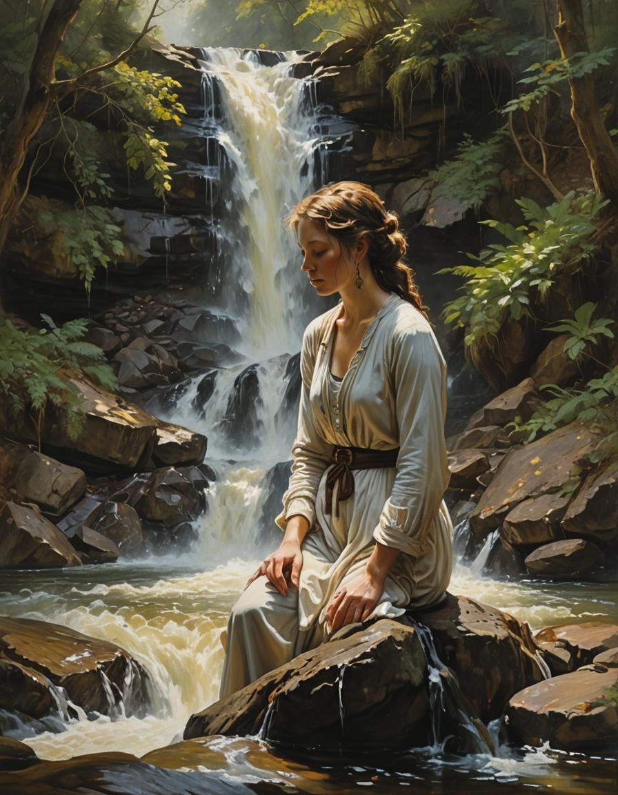 Woman Bathed in Waterfall: A Classical Painting