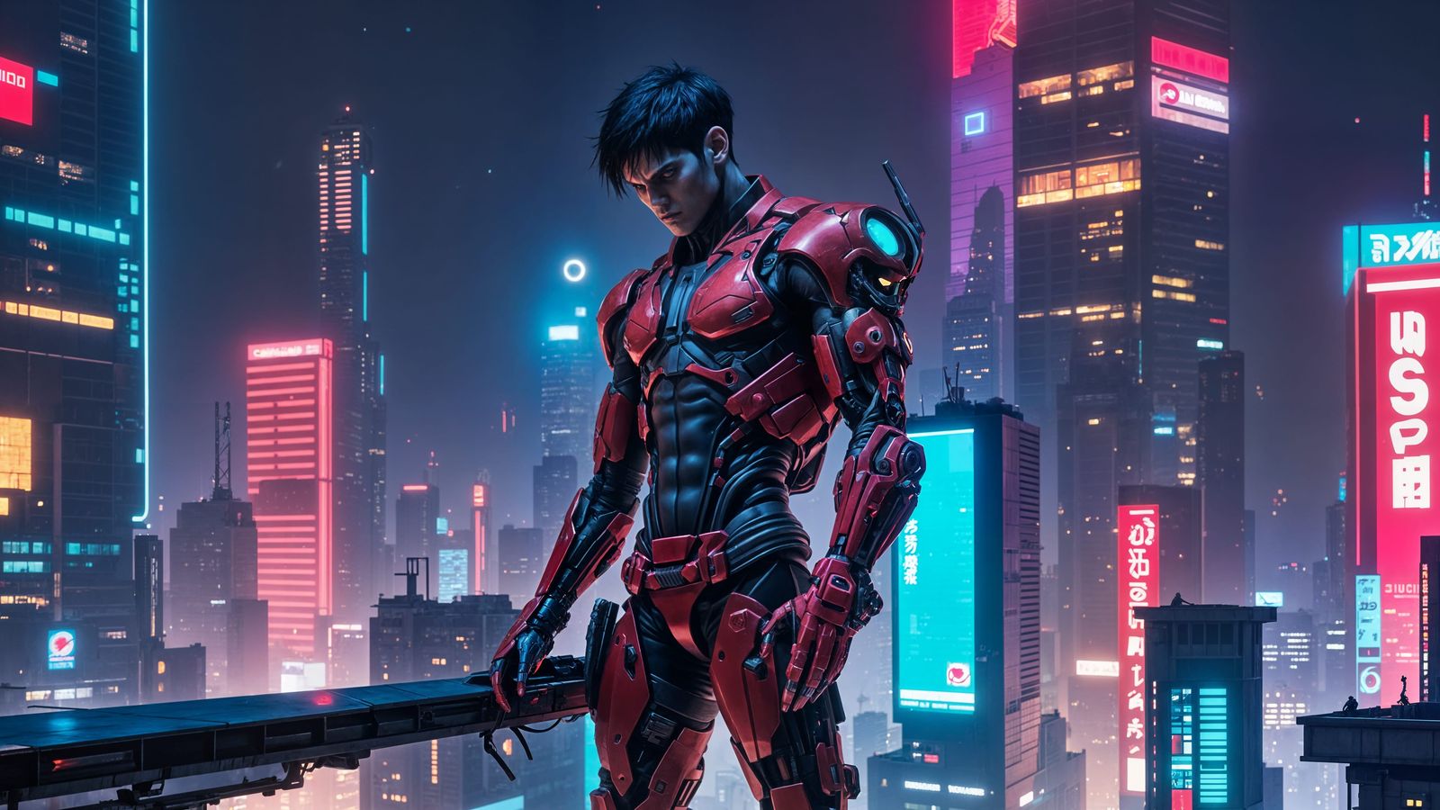 Cyborg Warrior Stands Guard in Neon-Lit Night