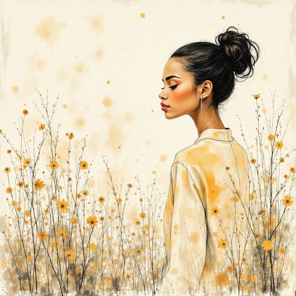 African American Woman in Garden, Minimalist Art Style