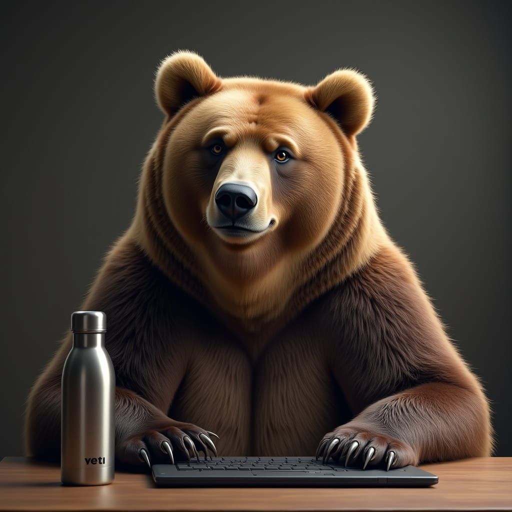 Bear at Computer with Water Bottle