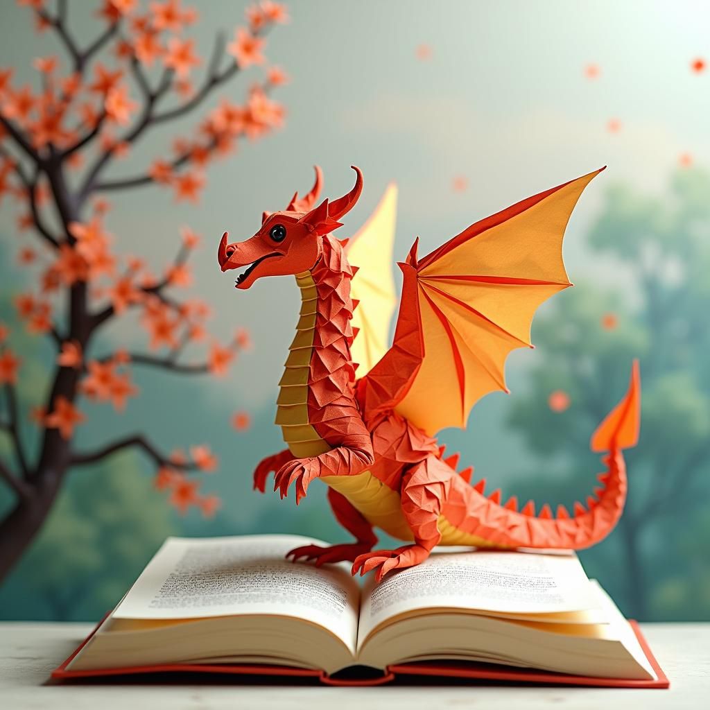 Colorful Origami Dragon Made of Book Pages