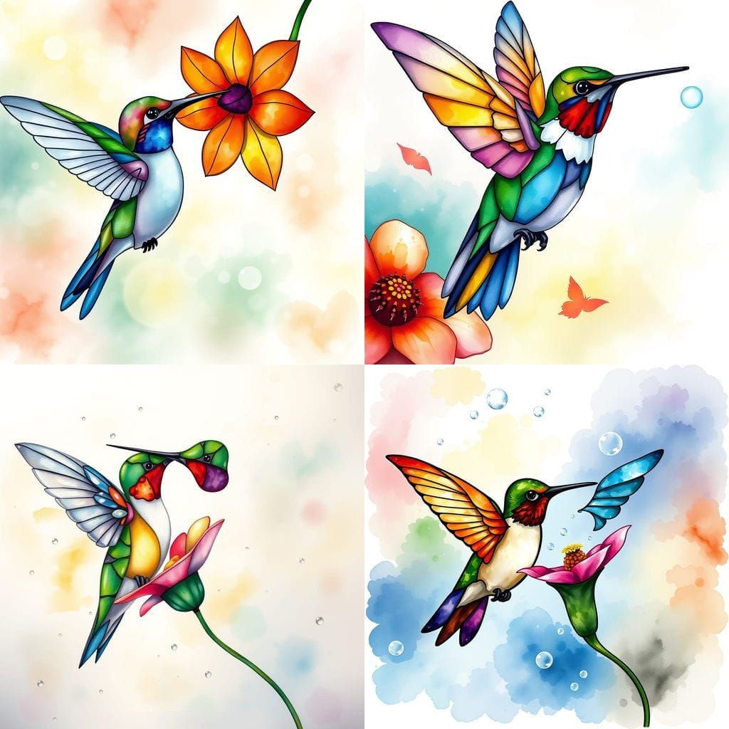 Hummingbird with Stained Glass Wings in Watercolor