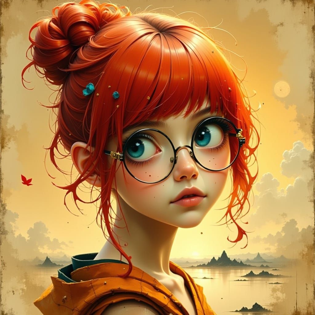 Cyberpunk Woman with Red Hair and Glasses