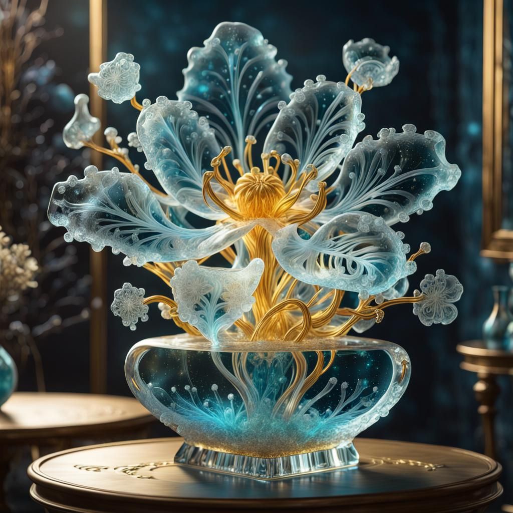Bioluminescent Ice Sculpture of Flowers: 3D Render