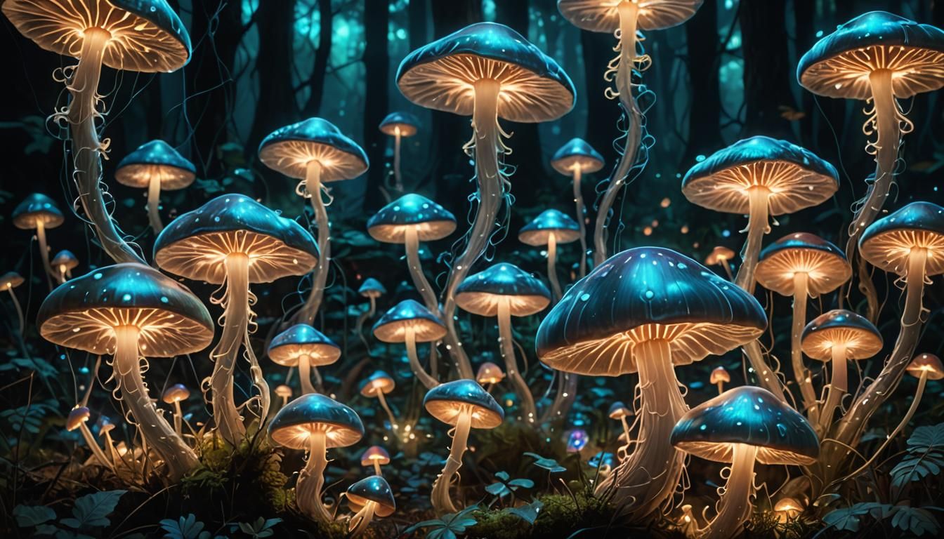 Bioluminescent Mushroom Network in Ethereal Ambrosia Style