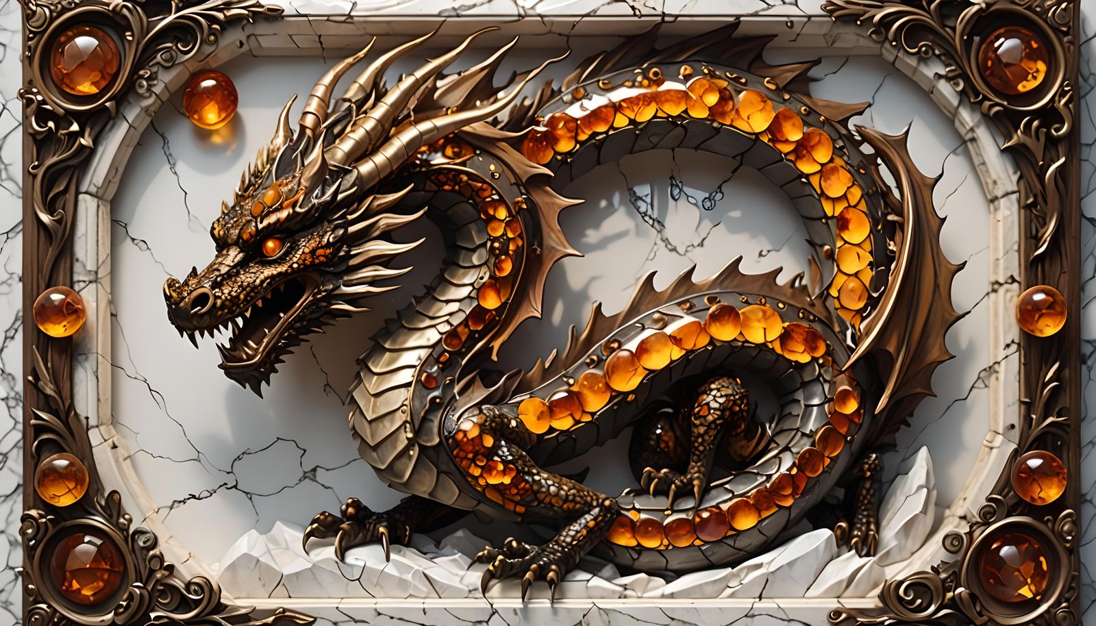 Amber Dragon Emerges from Nordic Marble Frame