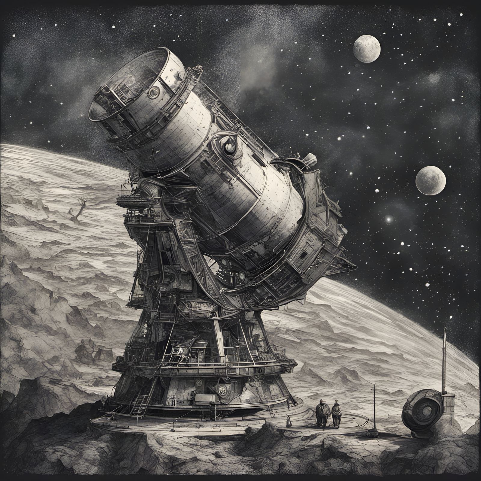 Astronomy Drawing with Planets, Telescope, and Observatory