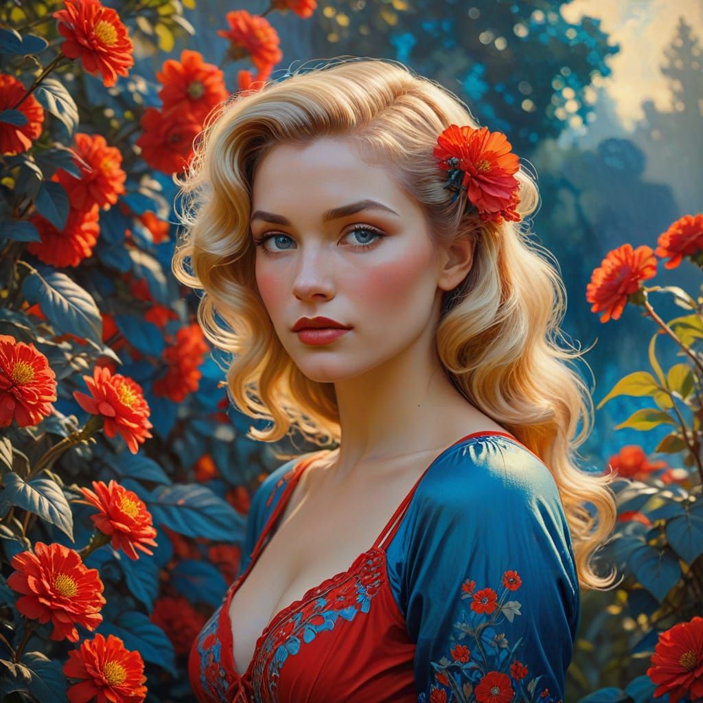 Art Nouveau Woman in Garden, Alphonse Mucha Style