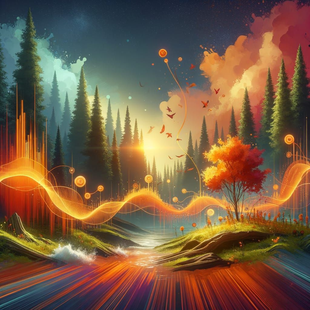 Tranquil Forest with Flowing Sound Waves as Splash Art