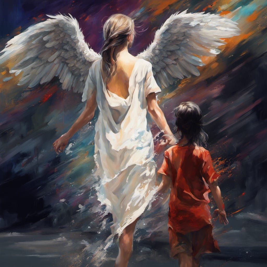 Girl with Angel in Hyperrealistic Splash Art