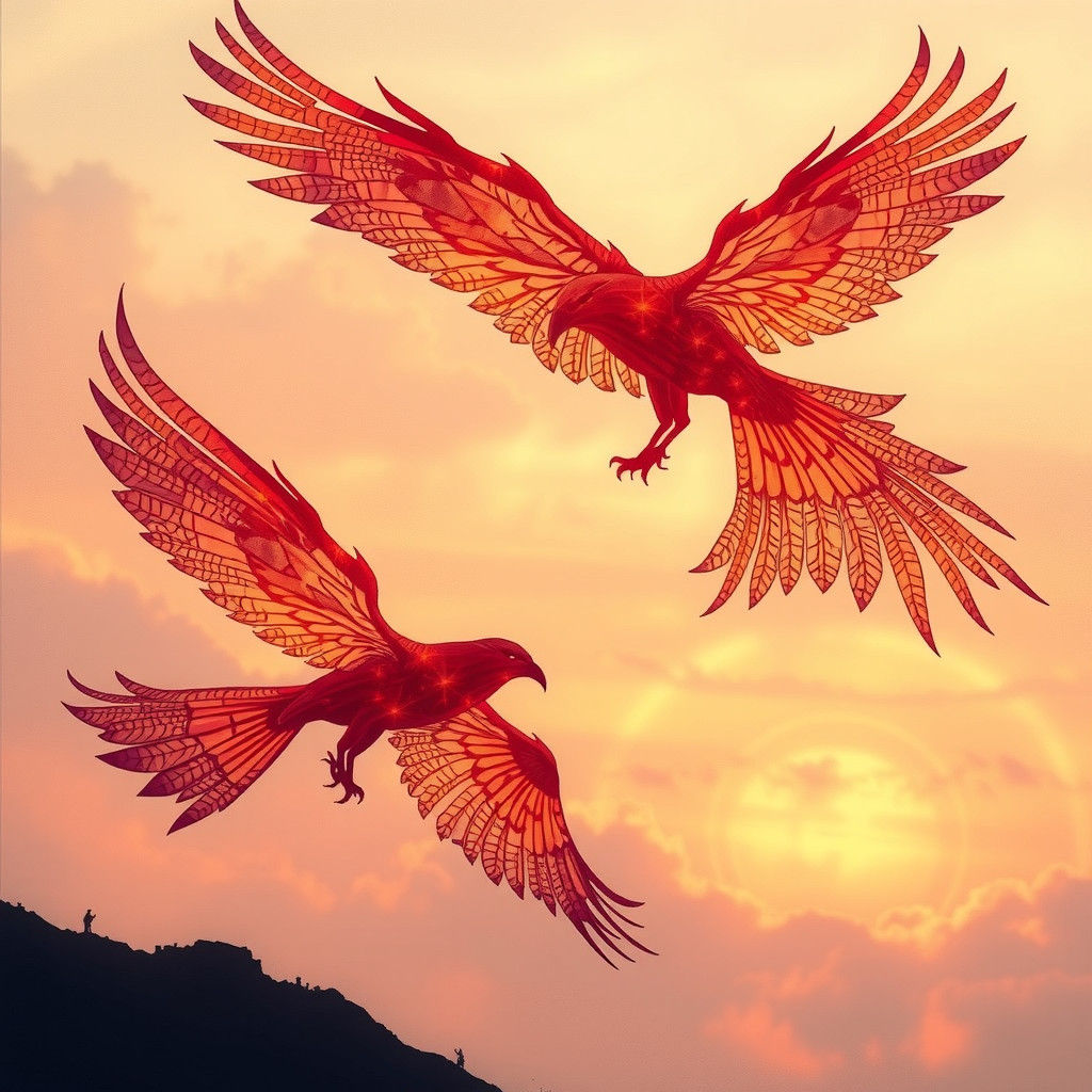 Crystalline Fire Birds in Flight: Digital Art
