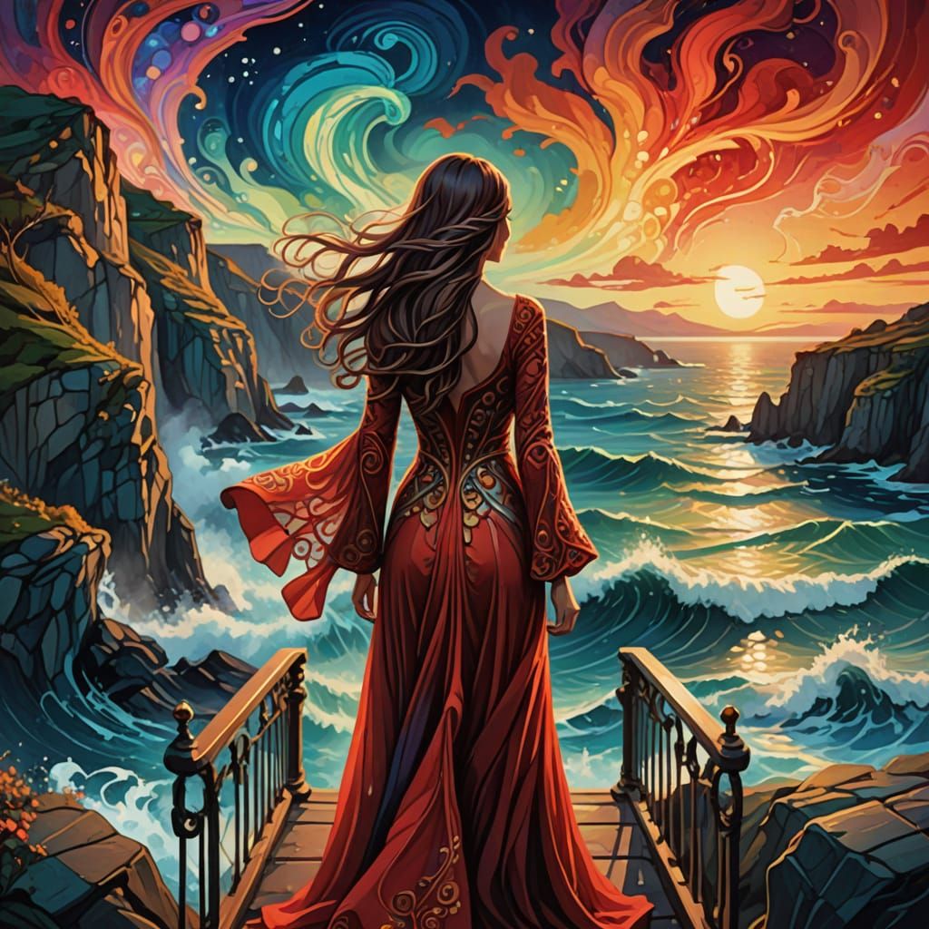 Surreal Woman in Red Standing by Ocean with Dreamy Sky