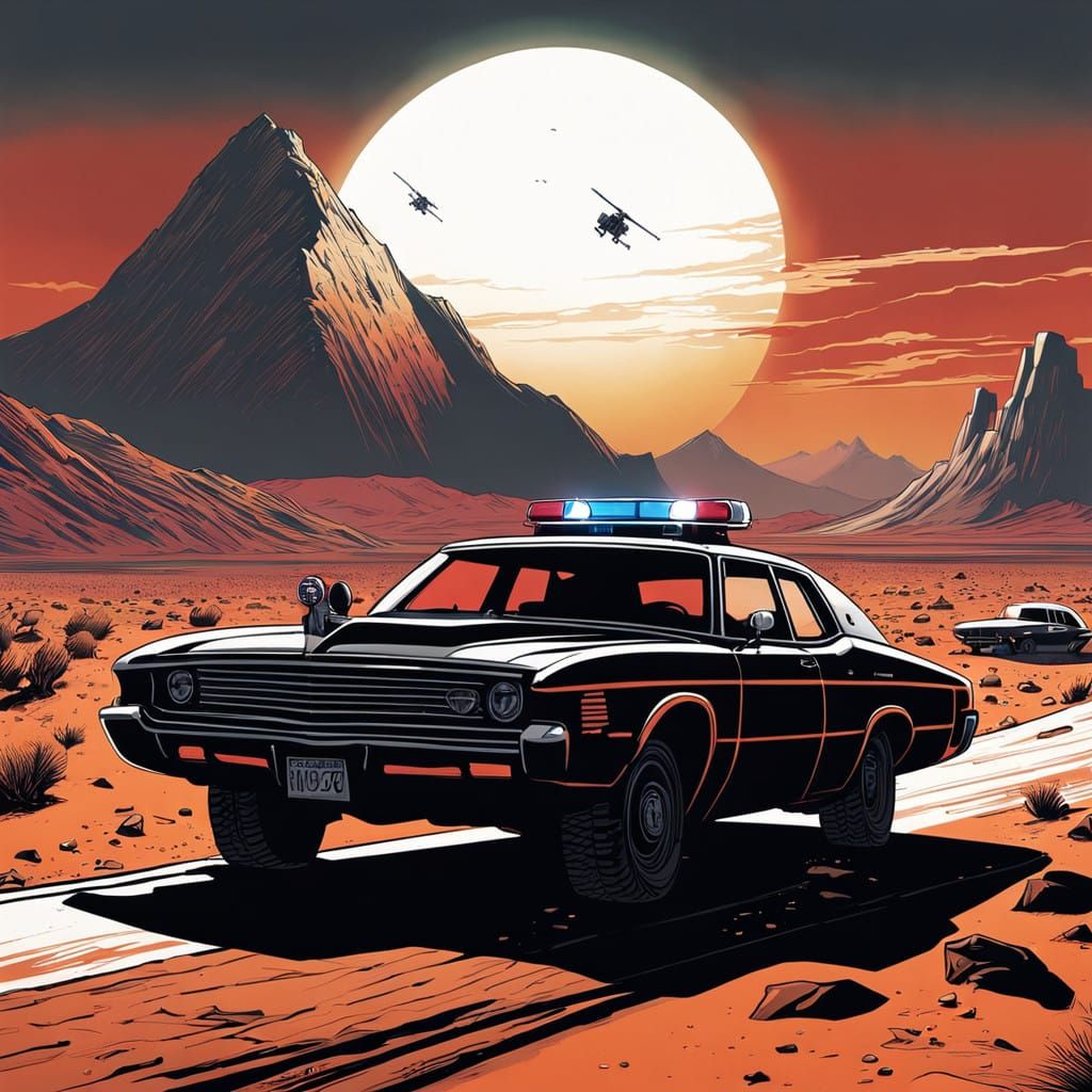 High-Speed Police Chase on Mars in Retro-Futuristic Landscap...
