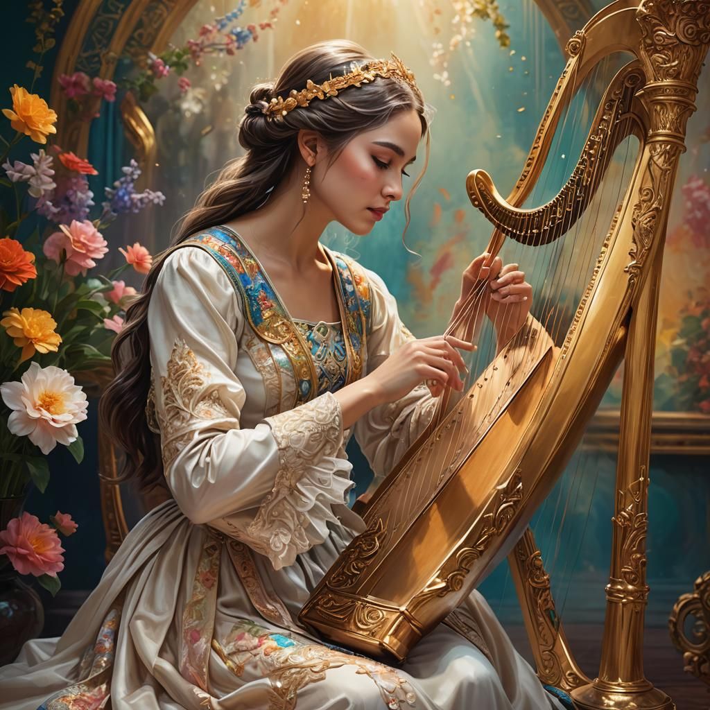 Elegant Lady Plays Harp in Hyperrealistic Style