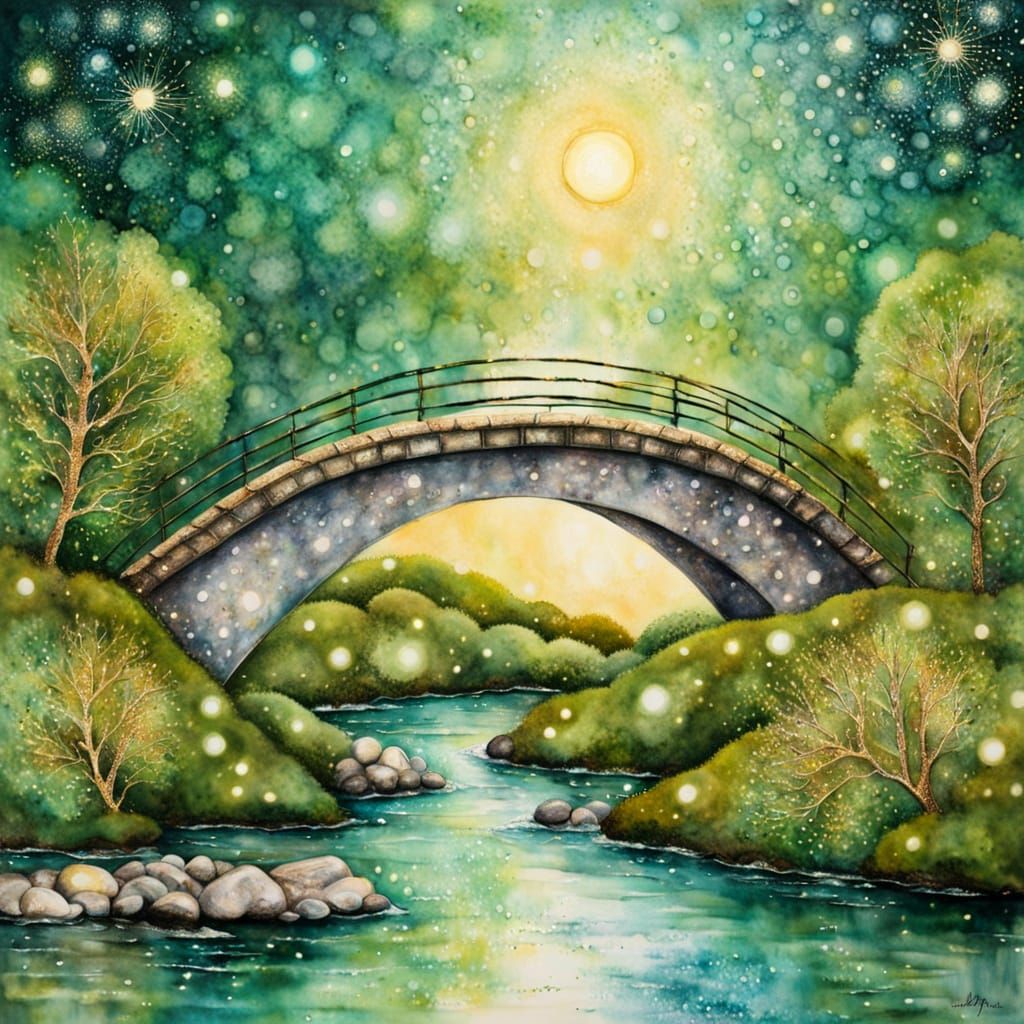 Glittering Creek Bridge in Mixed Media Watercolor