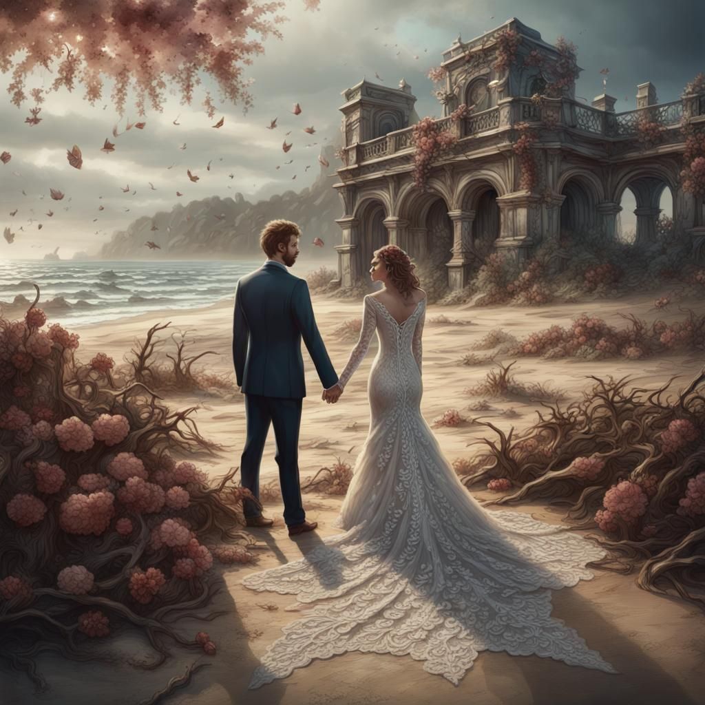 Lace Newlyweds on Beach: Detailed Matte Painting