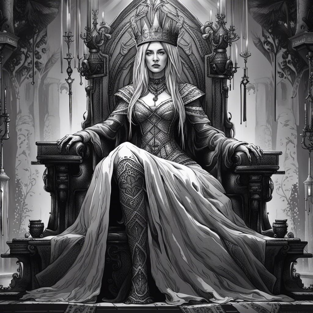 Medieval Queen in Black and White Ink Style