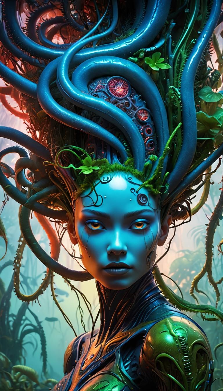 Ethereal Cybernetic Plant Blooms in Misty Swamp