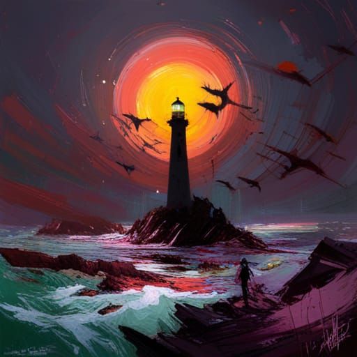 Lighthouse Under Glowing Moon: Colorful Matte Painting