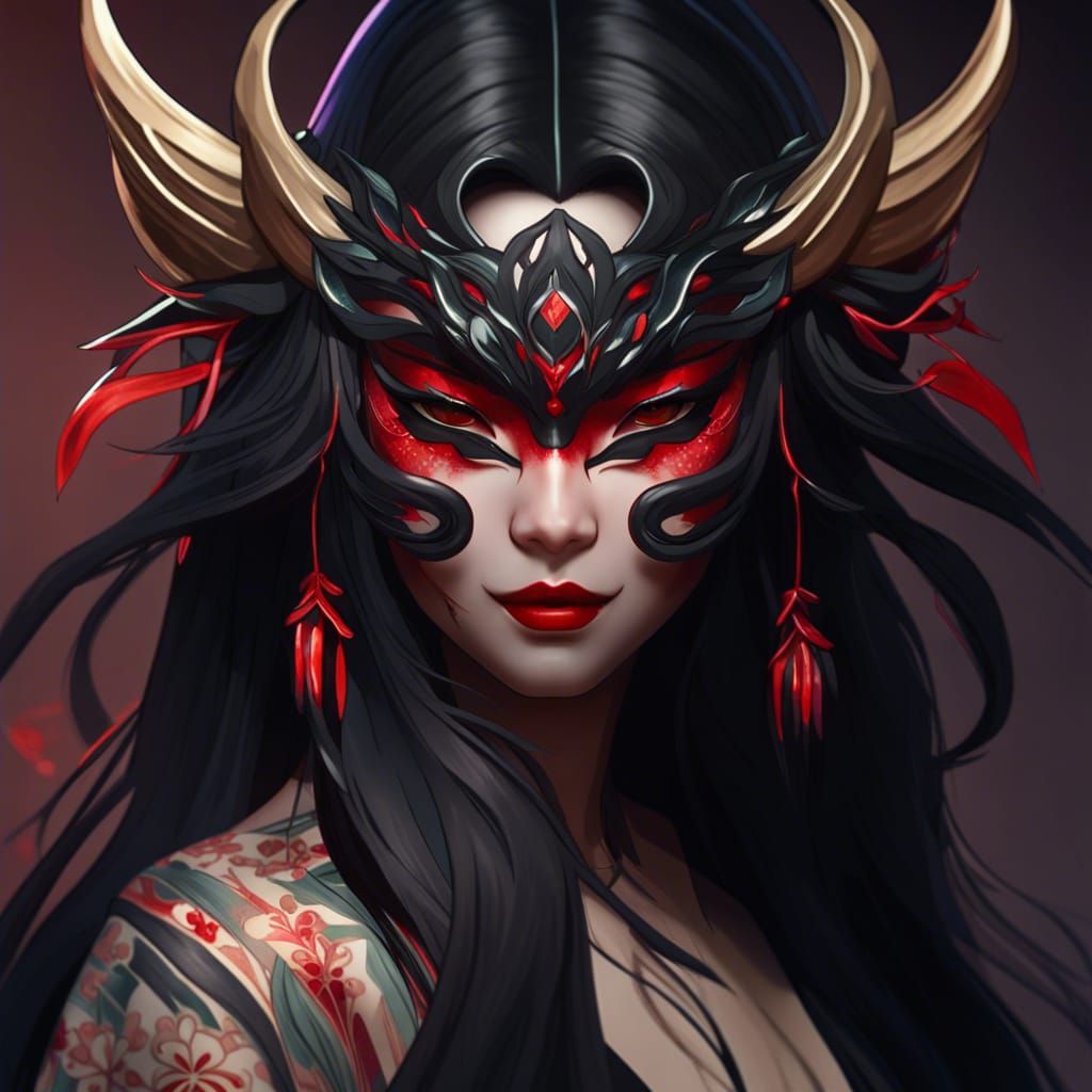 Demonic Masquerade: Hyperdetailed Portrait of Japanese Woman