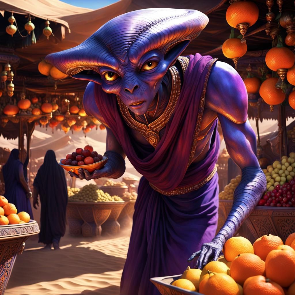 Alien Emerges from Lamp in Desert Marketplace