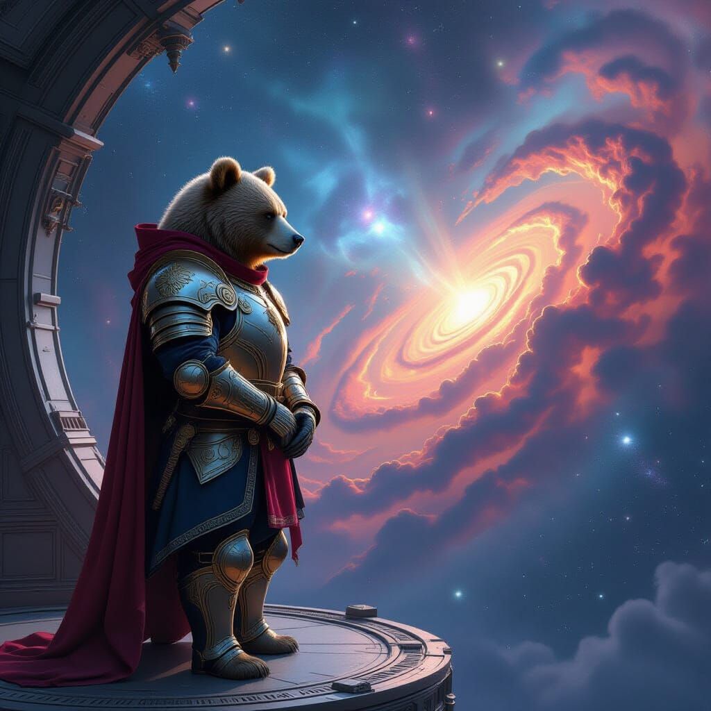 Baroque Bear Contemplates Nebula From Observatory