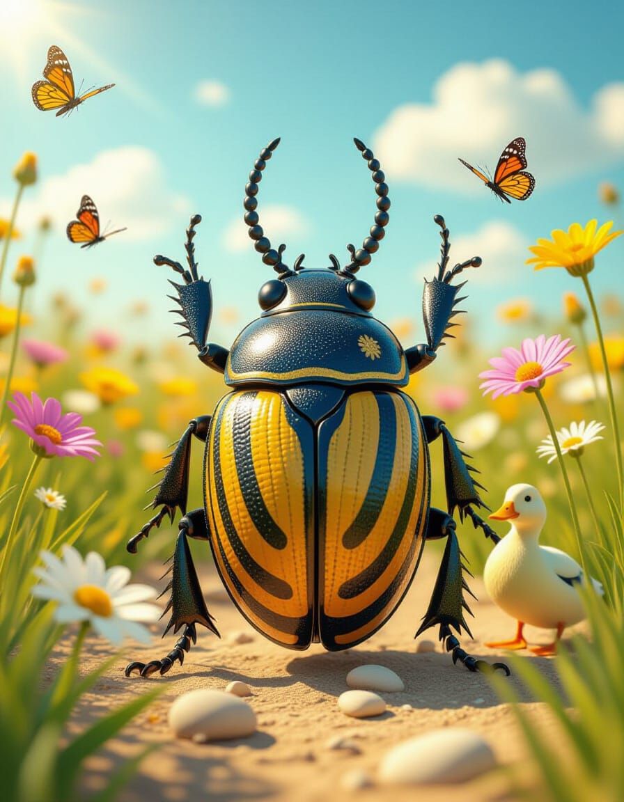 Anthropomorphic Egyptian Scarab Beetle in Flower Meadow