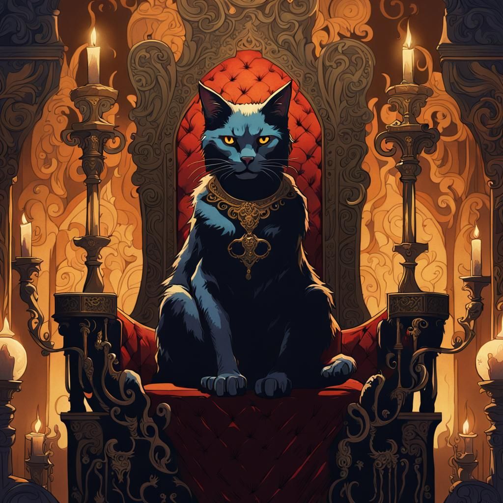 Devilishly Clever Cat on Throne: Dark Fantasy Art