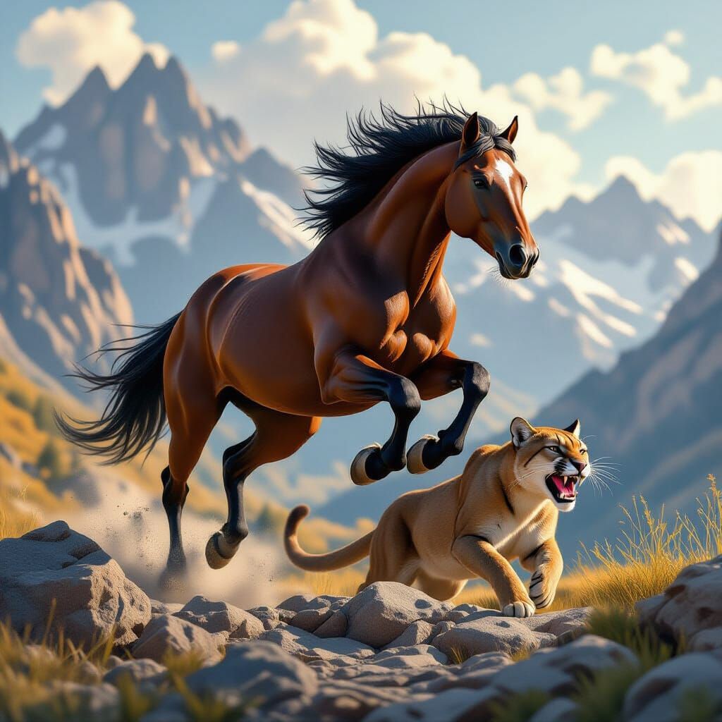 Horse Leaping Over Rocks Fleeing Mountain Lion