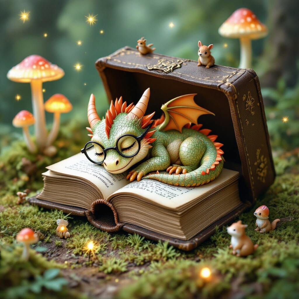 Dragon Nap in Book, Whimsical Storybook Scene