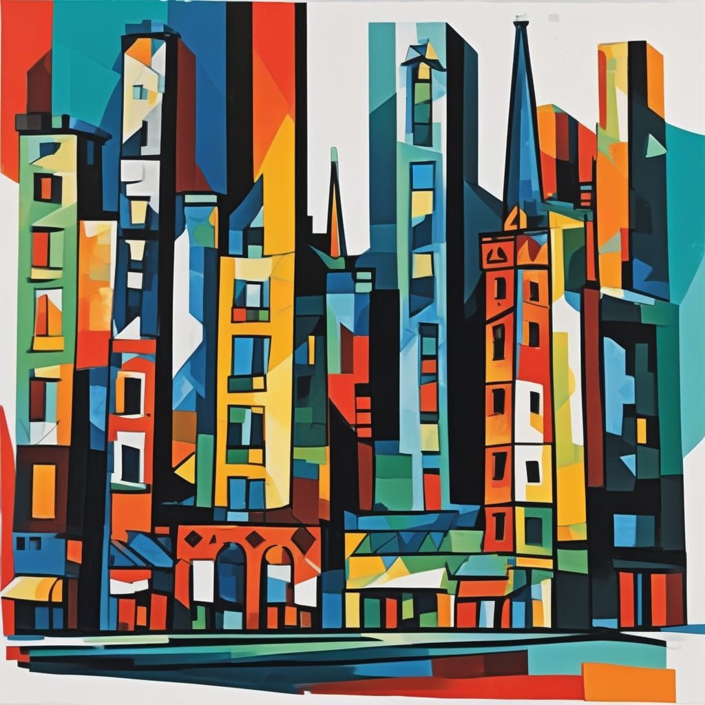 Cubist Cityscape at Night in Picasso Style
