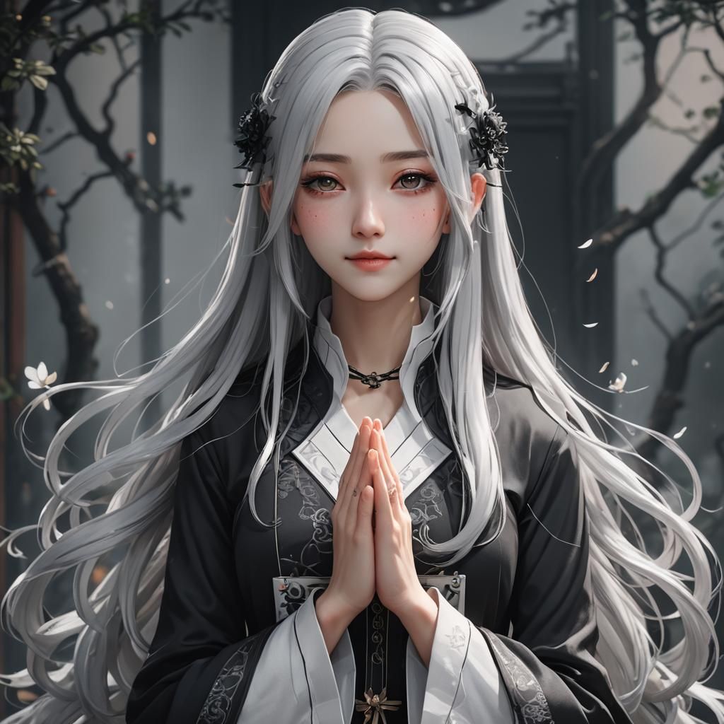 Mysterious Woman with Black and White Hair in Anime Style