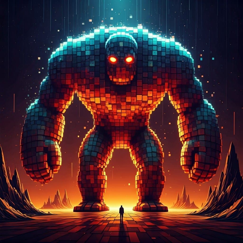 Glowing Digital Golem Emerges from Neon Landscape in Cyberpu...