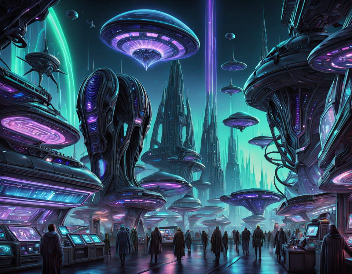 Futuristic Alien Marketplace with Holographic Displays