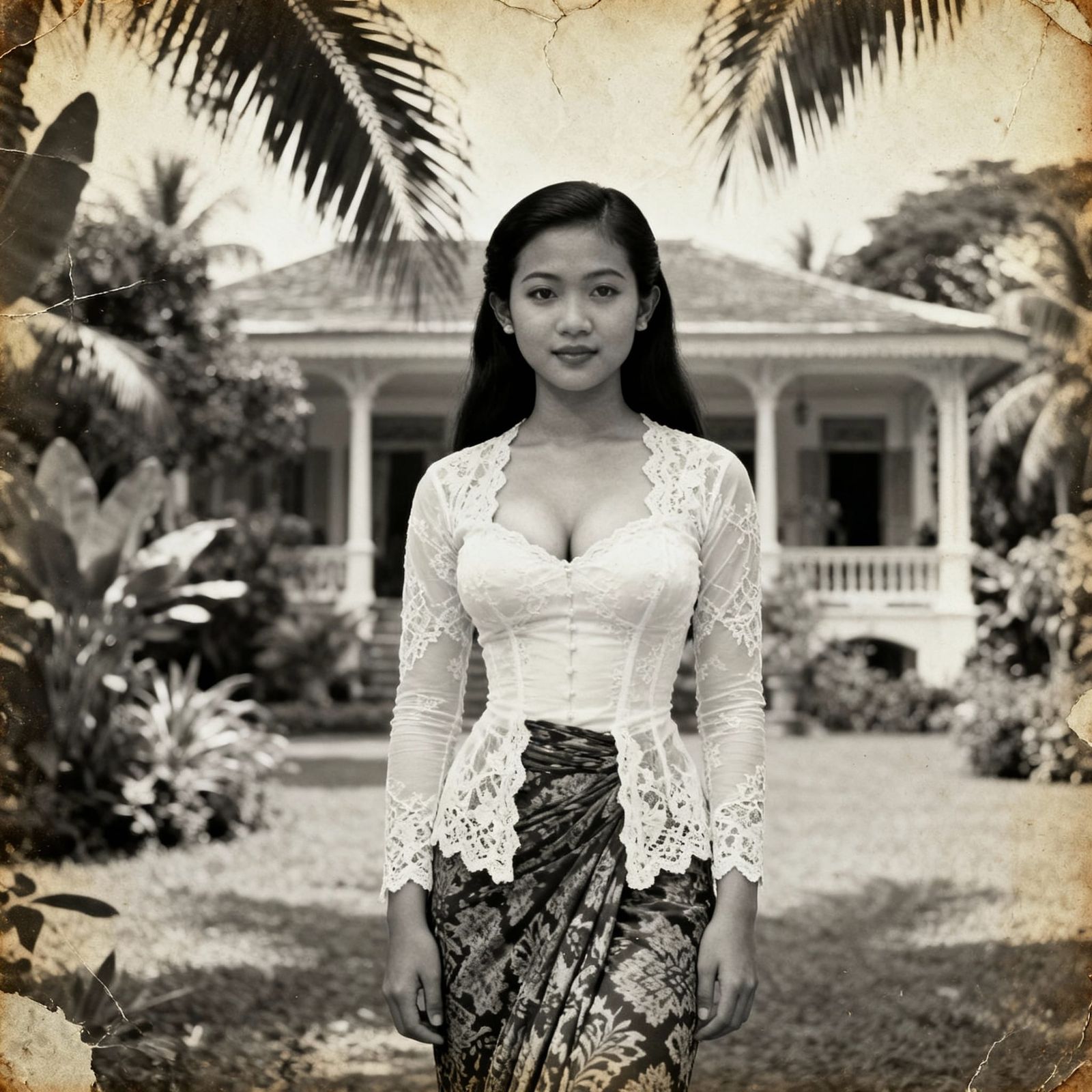 Vintage 1920s Indonesian Woman Portrait in Lace Kebaya