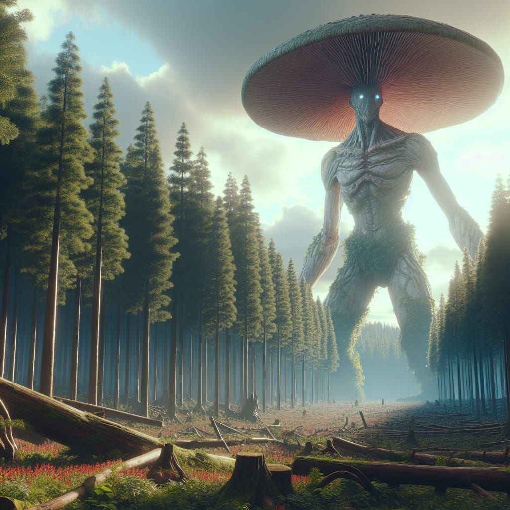 Giant Mushroom Humanoid in Enchanted Forest