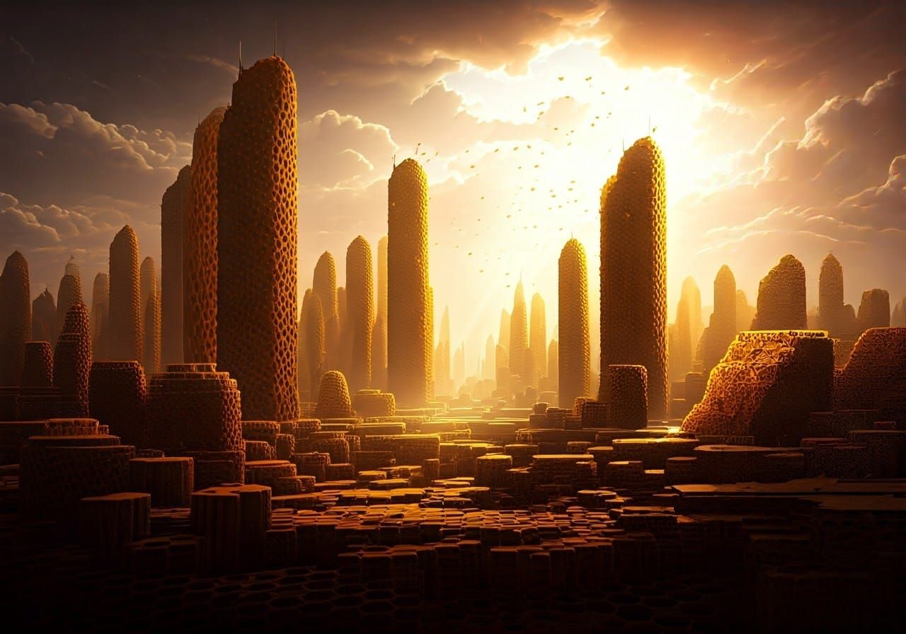 Golden City of Honeycomb Skyscrapers in a World of Bees