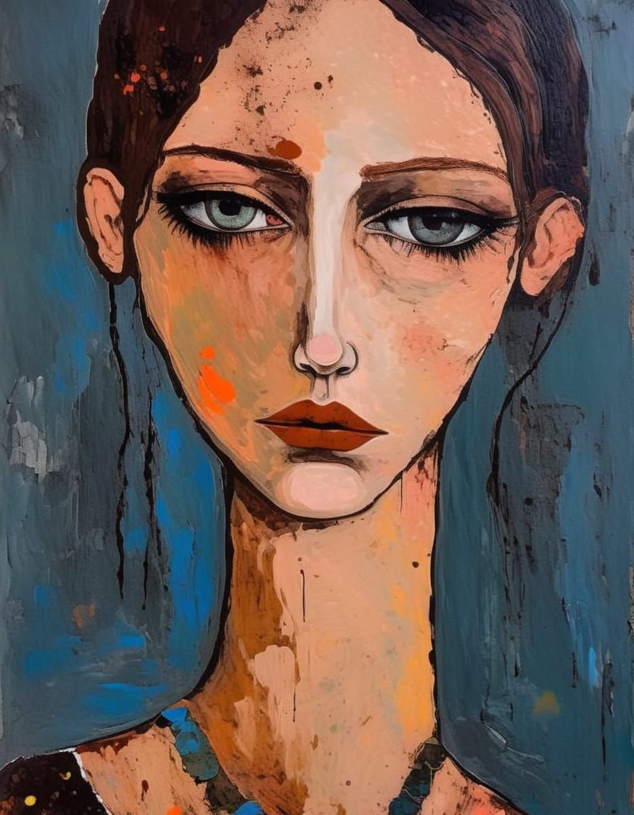 Sad Gothgirl Portrait in High Contrast Impasto Style