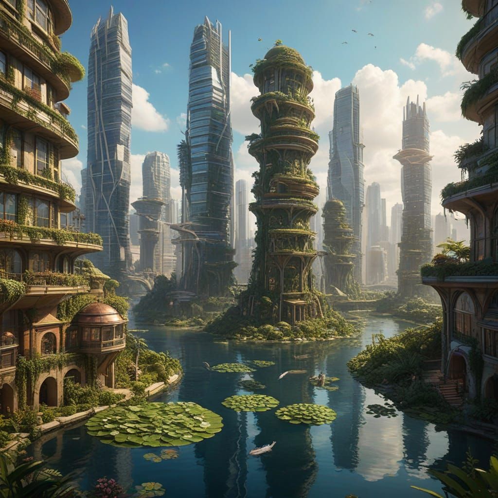 Floating Eco-City in Vibrant Dinotopia Style