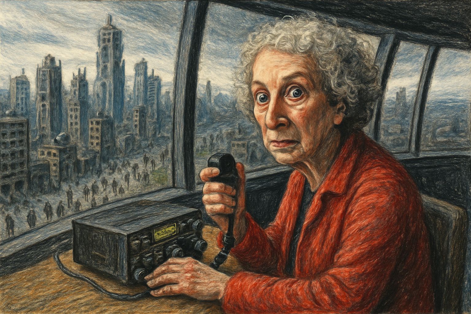 Margaret Atwood in CN Tower with Ham Radio, Post-Apocalyptic...