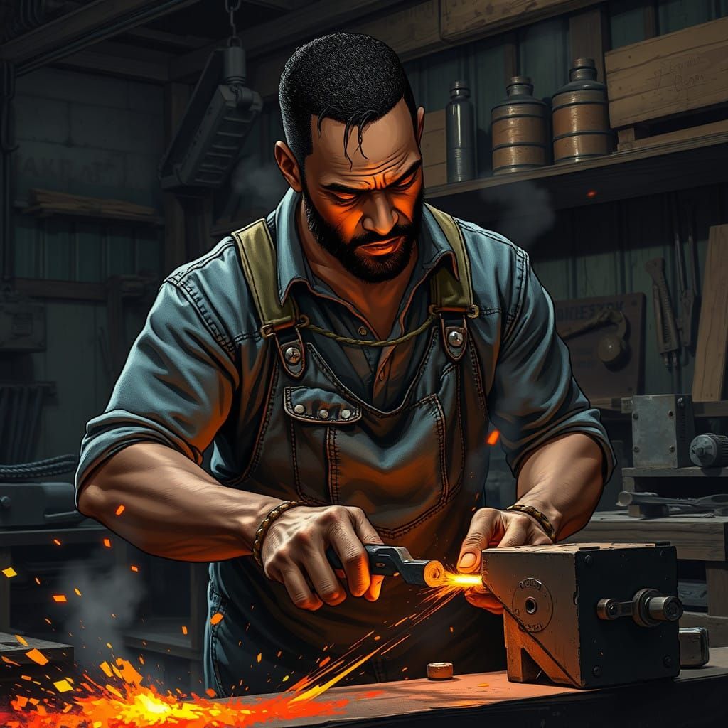Blacksmith's Intense Focus in Rustic Workshop