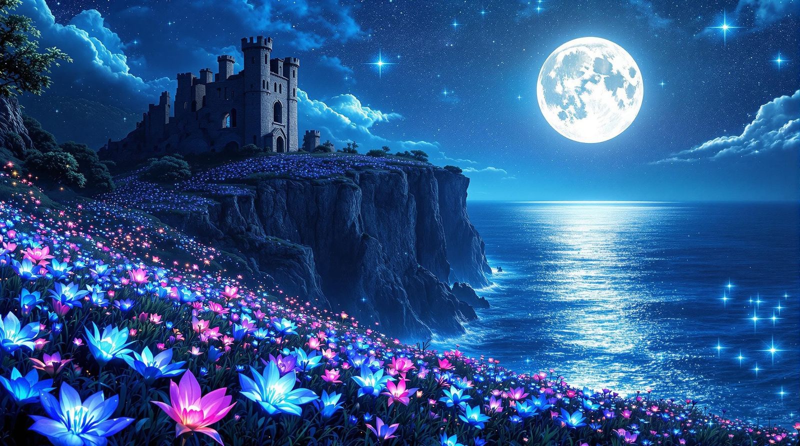 Mystical Castle Ruins with Neon Flowers, Digital Landscape