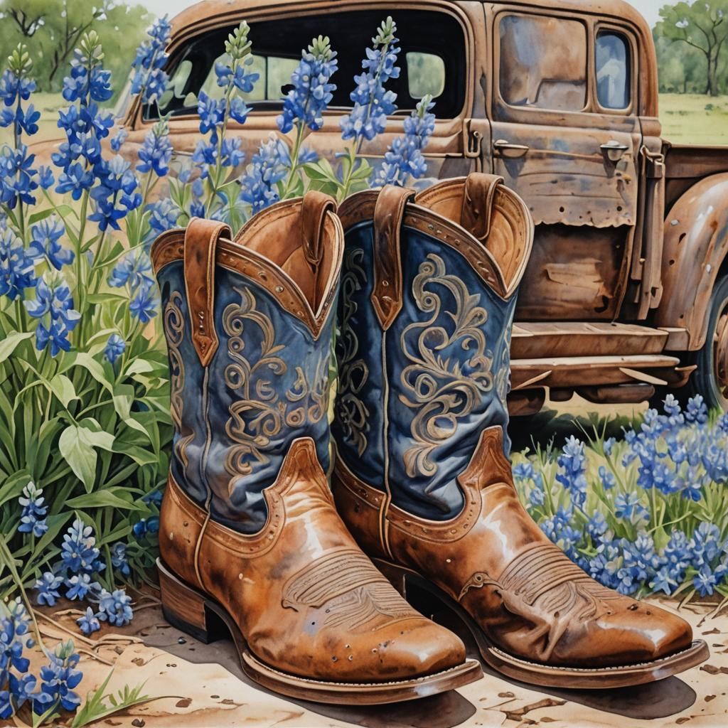 Western Boots and Bluebonnets in Watercolor