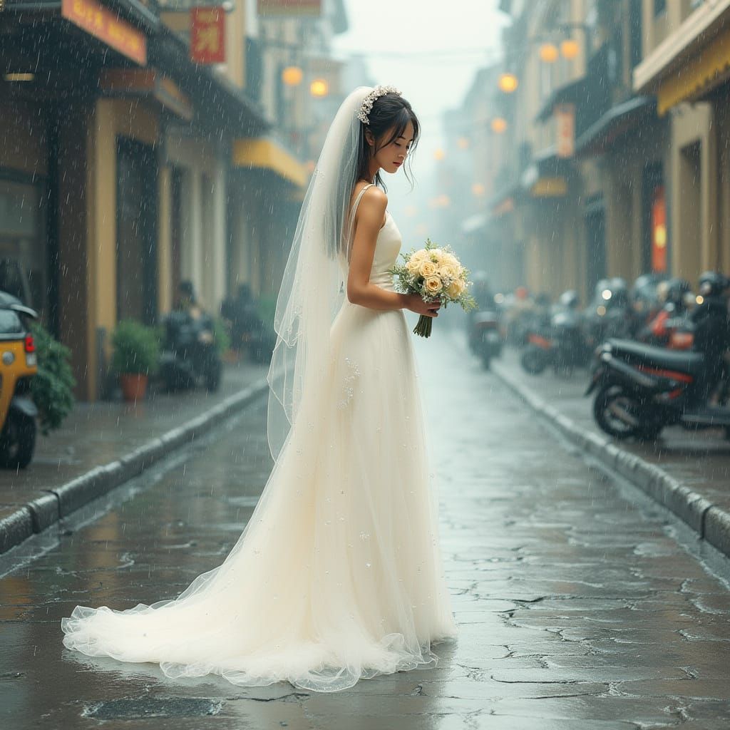 Bride in Rainy Street: Whimsical Watercolor Style