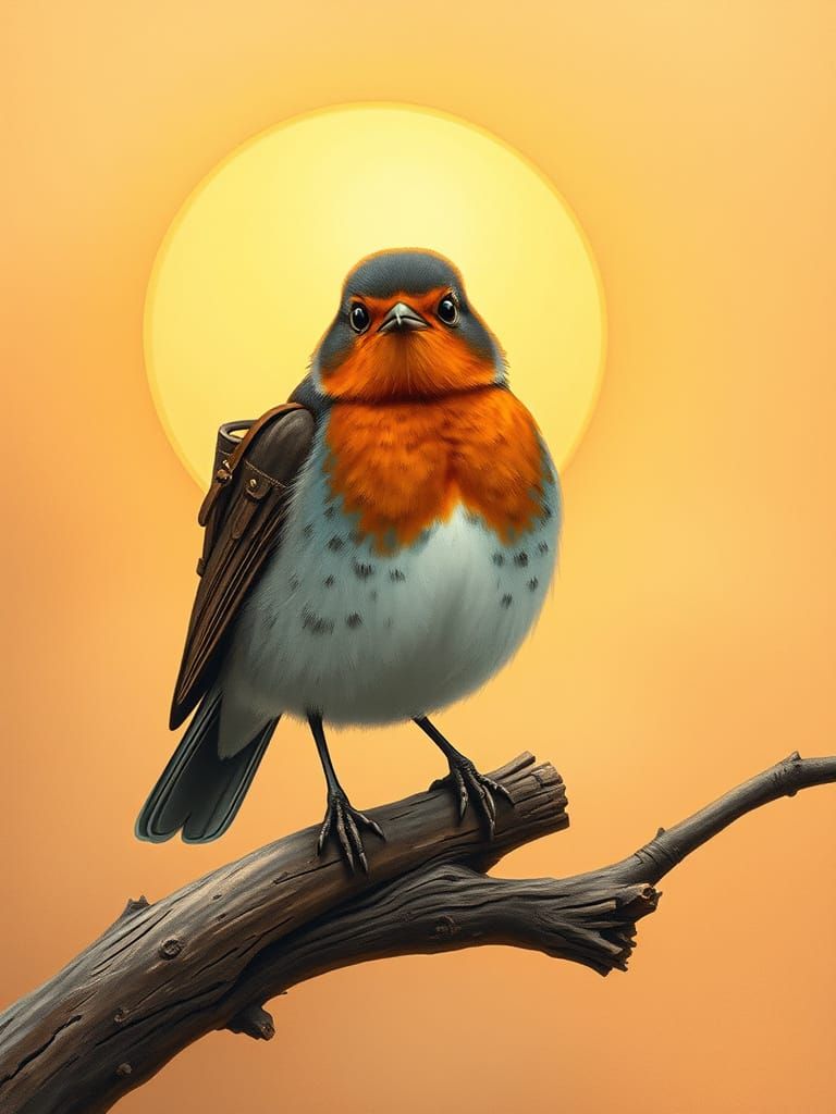 Robin with Backpack at Sunrise, Storybook Illustration