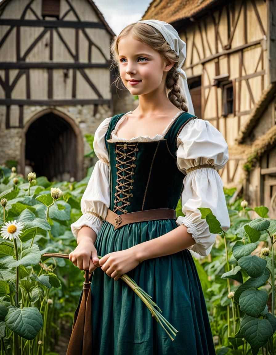 Young Woman in Medieval Farmland Setting