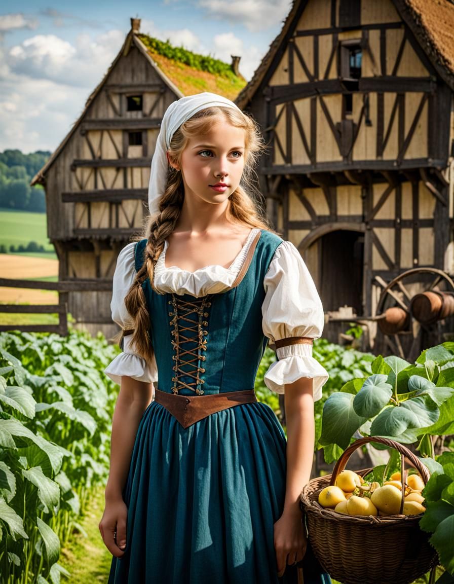 Young Woman in Medieval Farming Scene