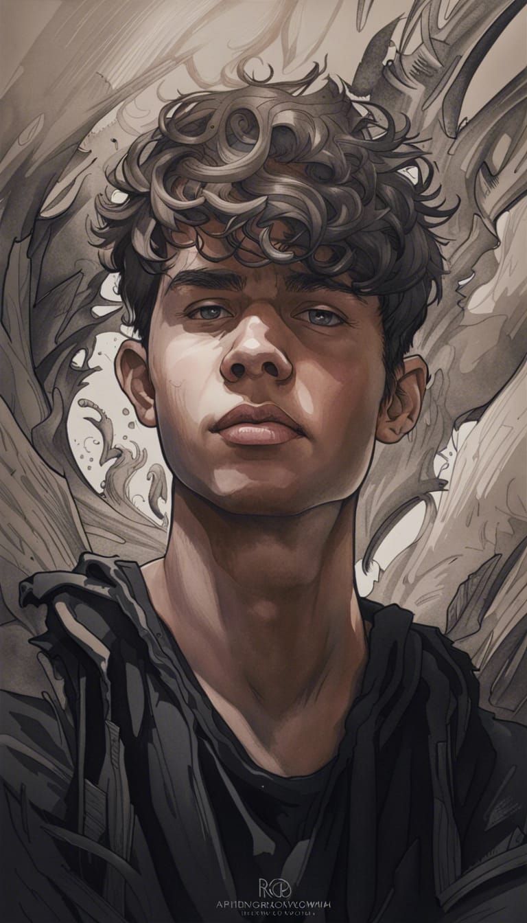 Hand drawn ink drawing of a 16 year old young man