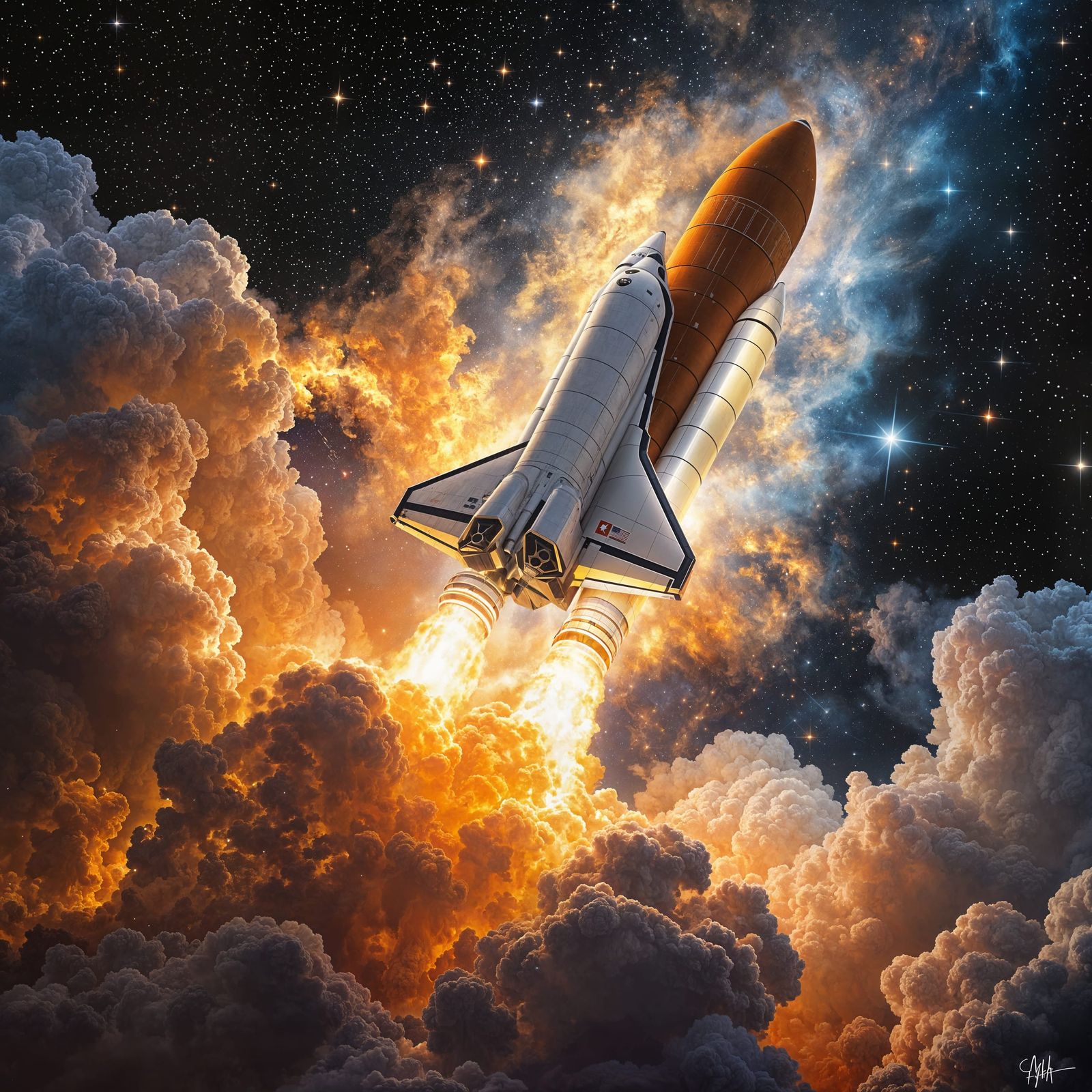 Photorealistic Space Shuttle Launch into Cosmic Void