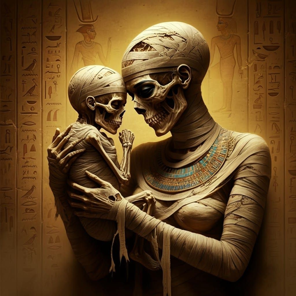 Mummified Mother and Child in Ancient Tomb